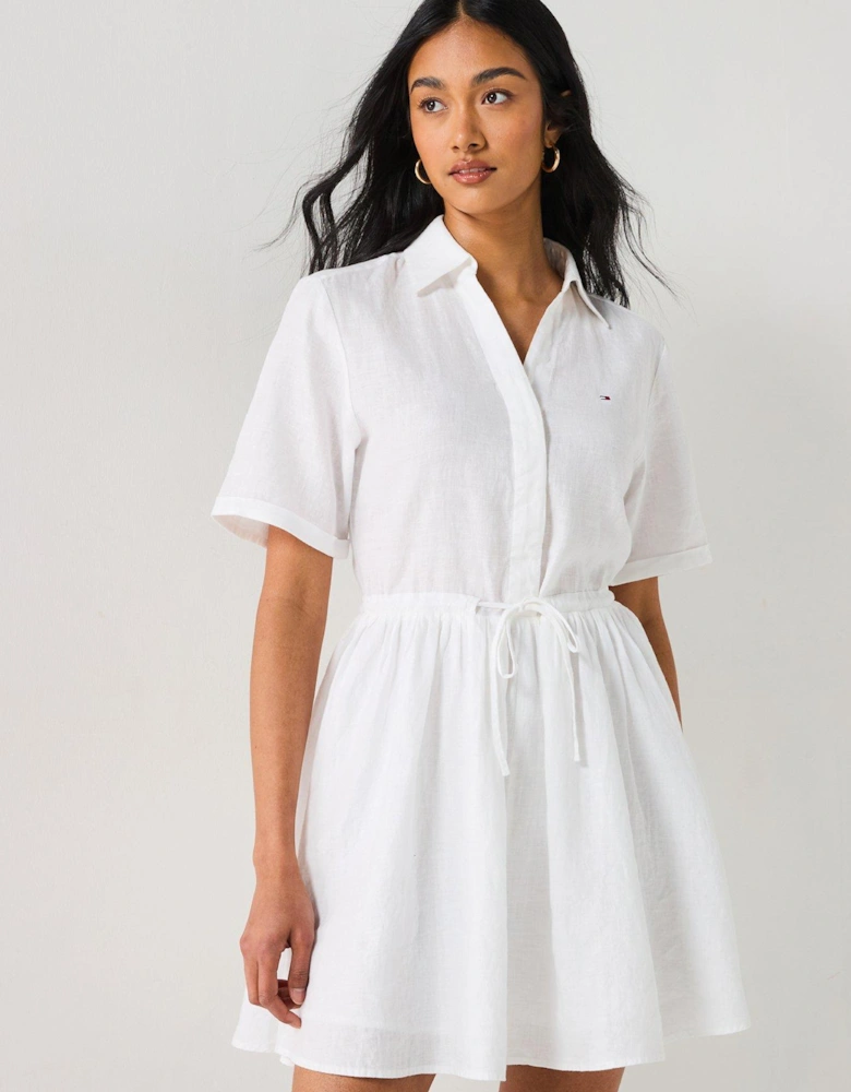 Collared Linen Mini Dress - White