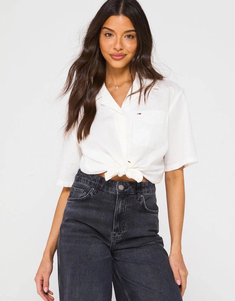 Cropped Linen Tied Shirt - White