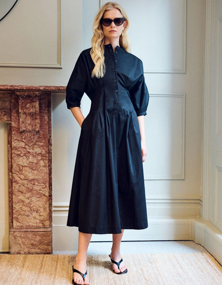 Nova Waisted Poplin Dress - Black