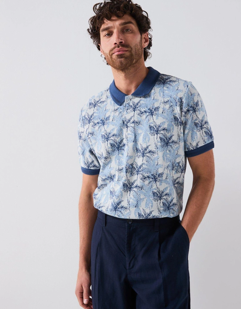 Jacquard Palm Pattern Polo Shirt - Blue