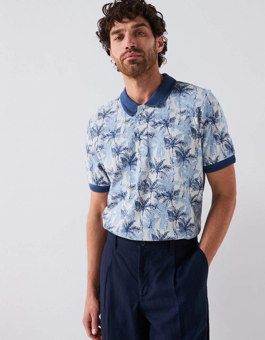 Jacquard Palm Pattern Polo Shirt - Blue, 2 of 1