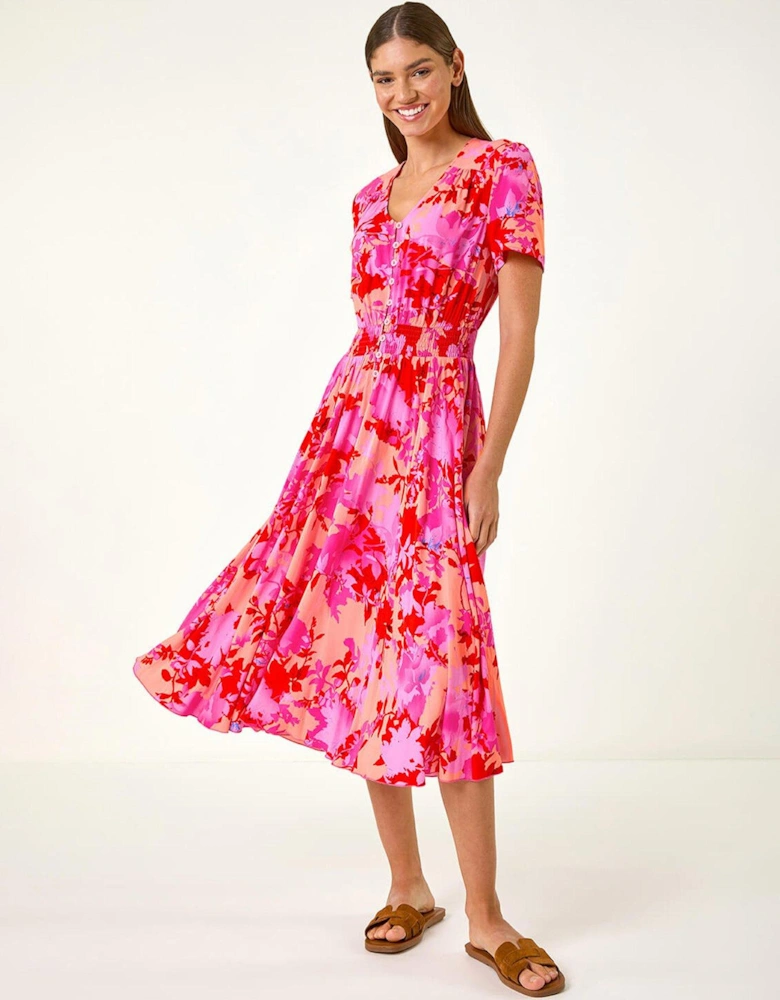 Shadow Floral Print Shirred Midi Dress - Pink