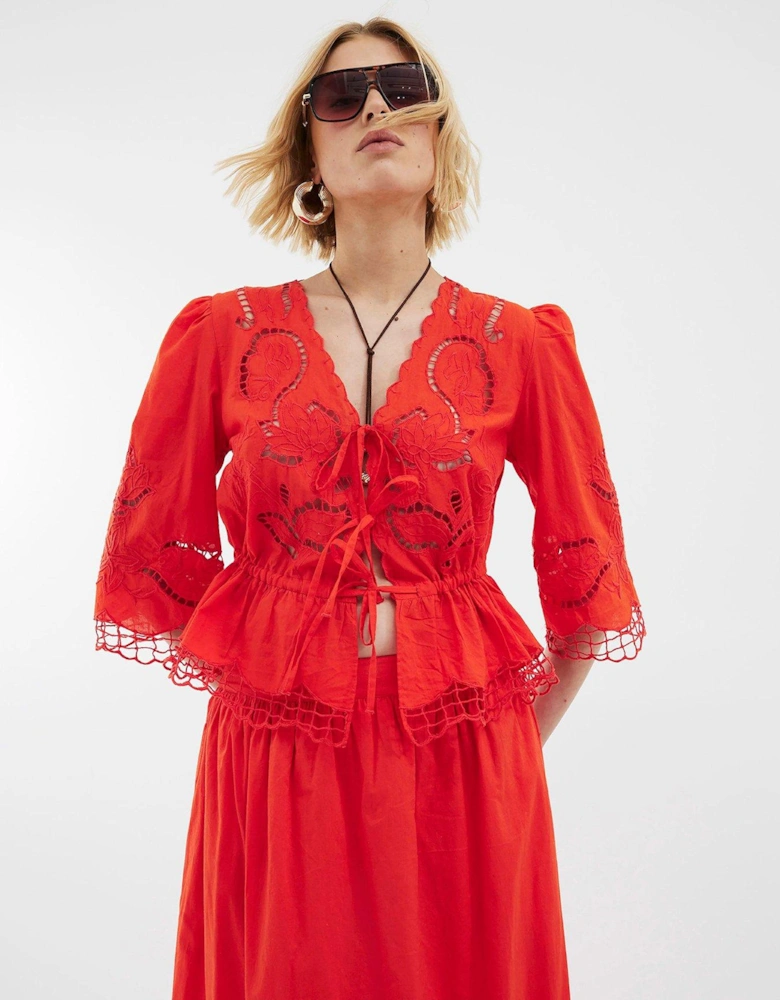 Cutwork Tie Front Blouse - Red