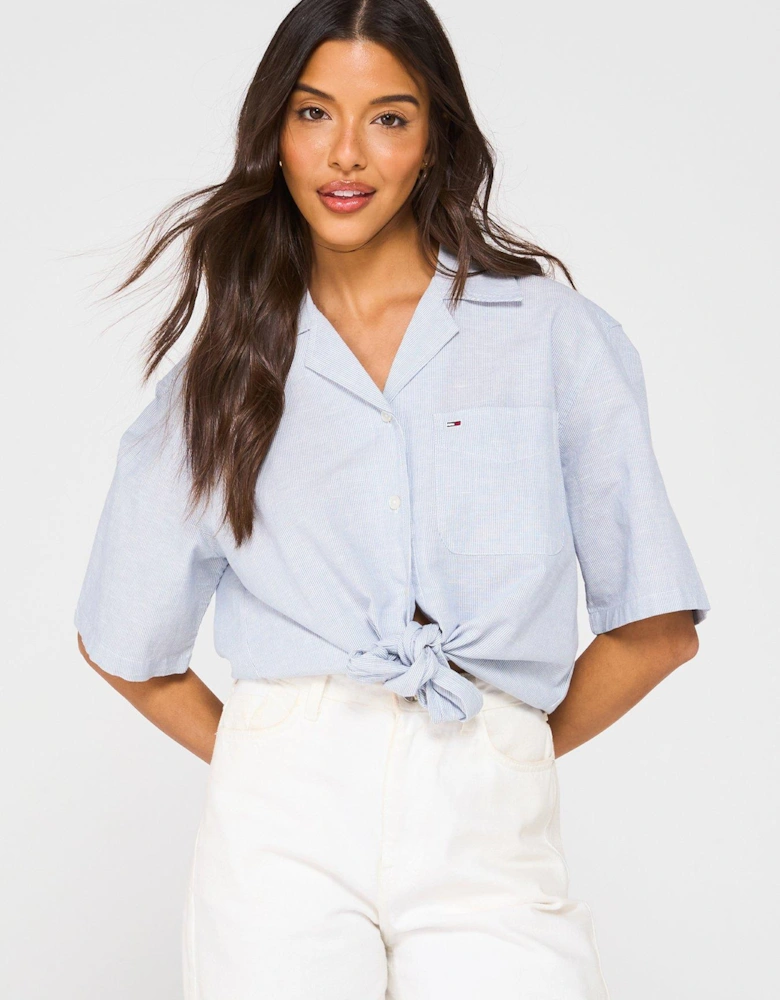 Cropped Linen Tied Shirt - Blue