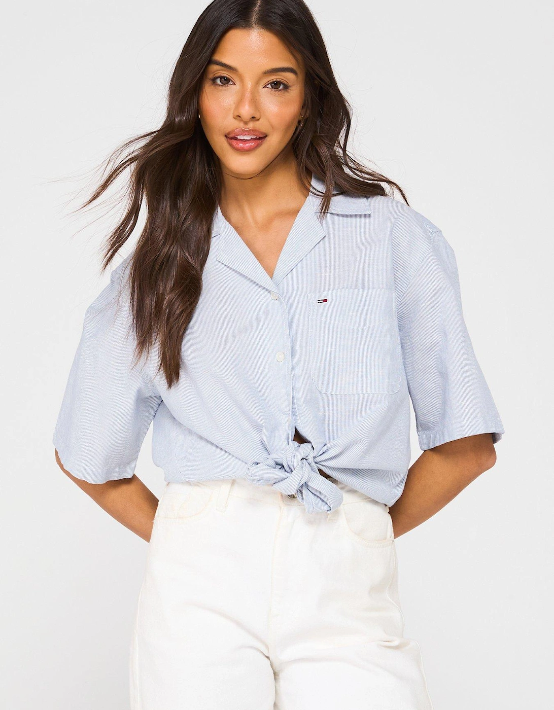 Cropped Linen Tied Shirt - Blue, 2 of 1