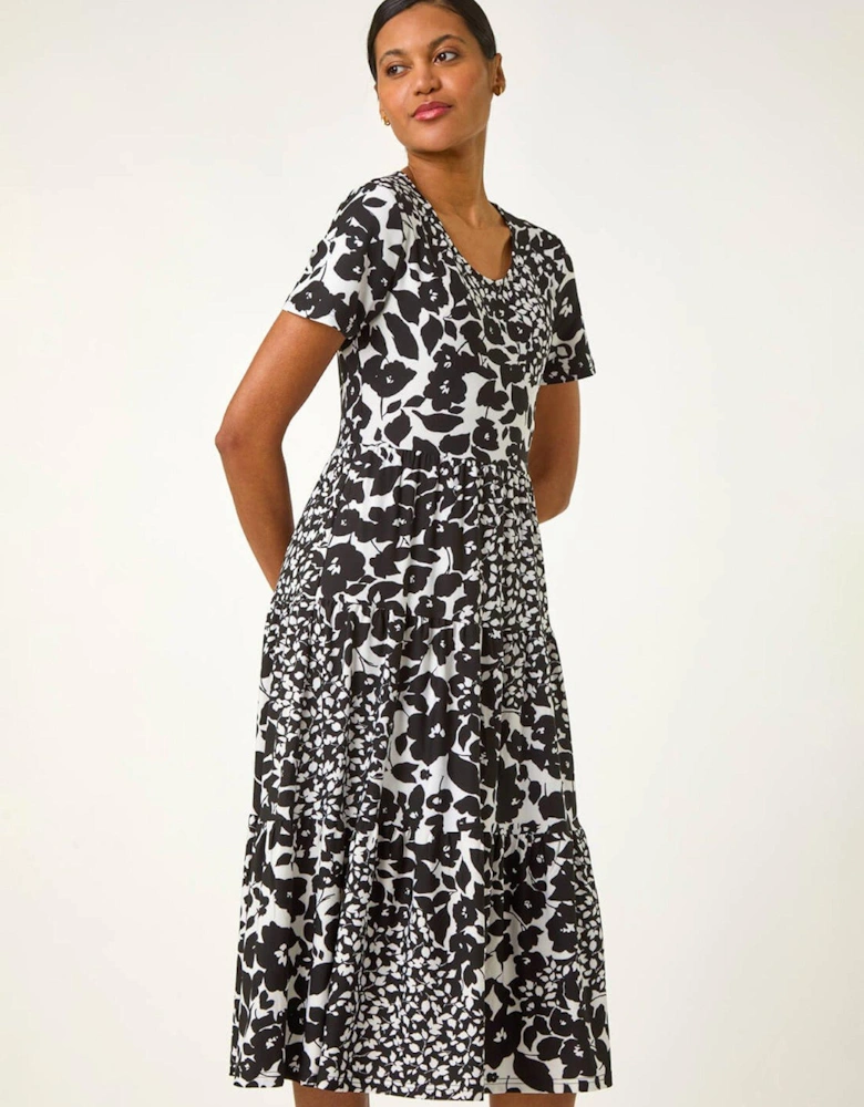 Floral Print Tiered Midi Dress - Black