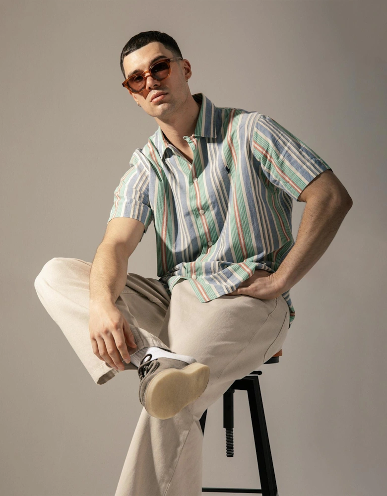 Classic Fit Short Sleeve Striped Chambray Camp Shirt