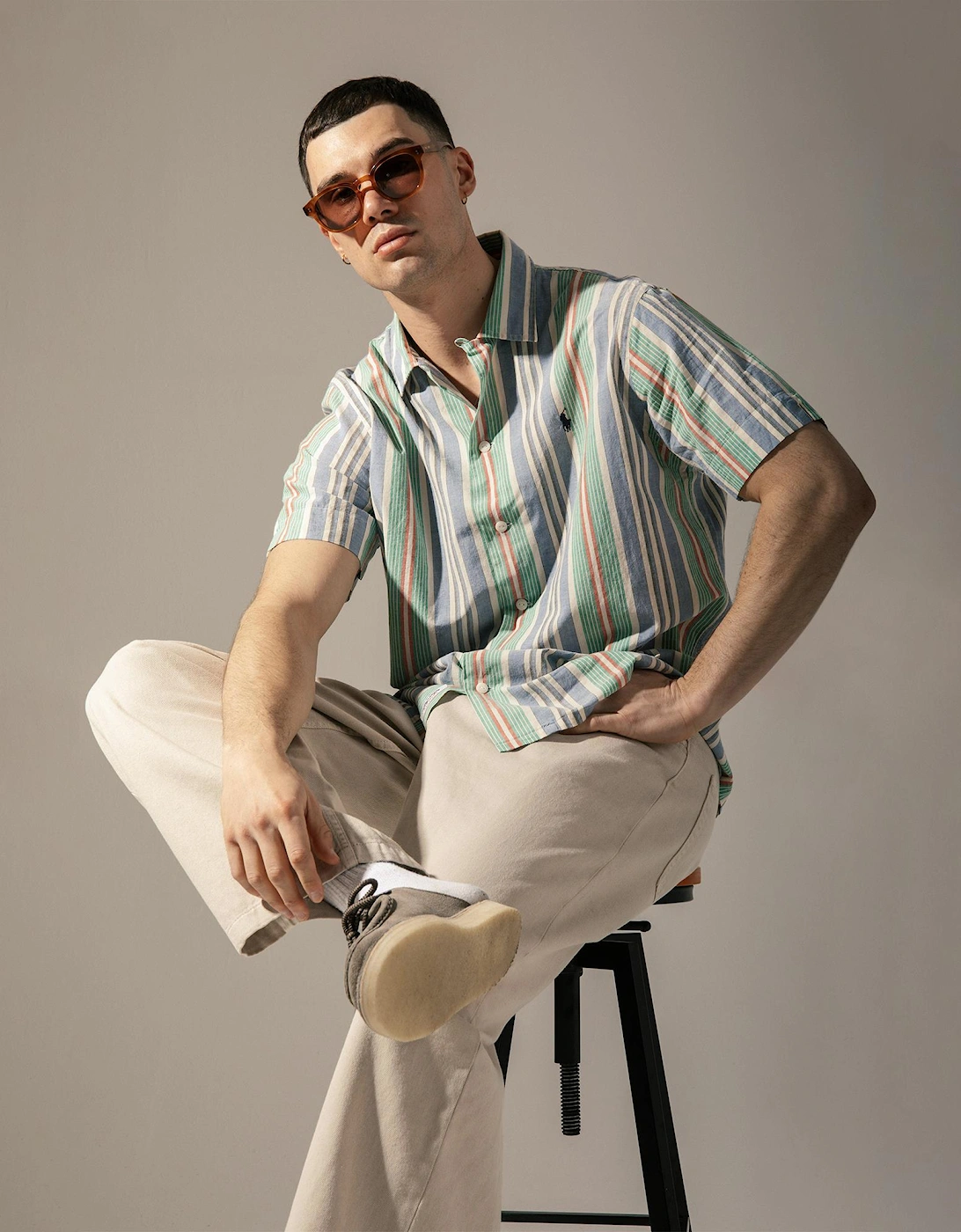 Classic Fit Short Sleeve Striped Chambray Camp Shirt