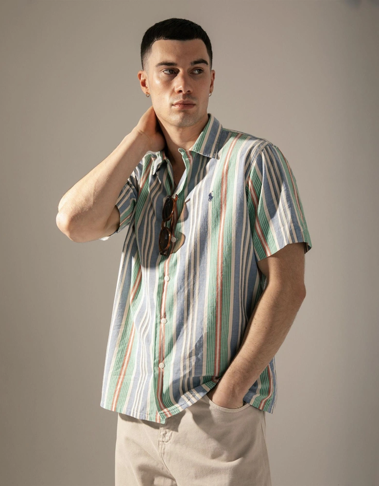 Classic Fit Short Sleeve Striped Chambray Camp Shirt