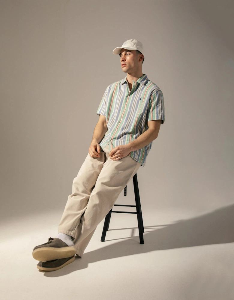 Classic Fit Short Sleeve Striped Chambray Camp Shirt