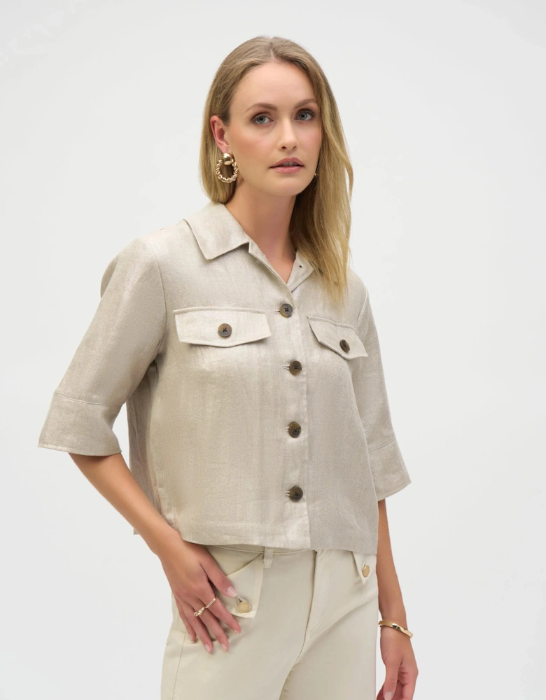 Foiled Linen Blend Short Sleeve Boxy Jacket