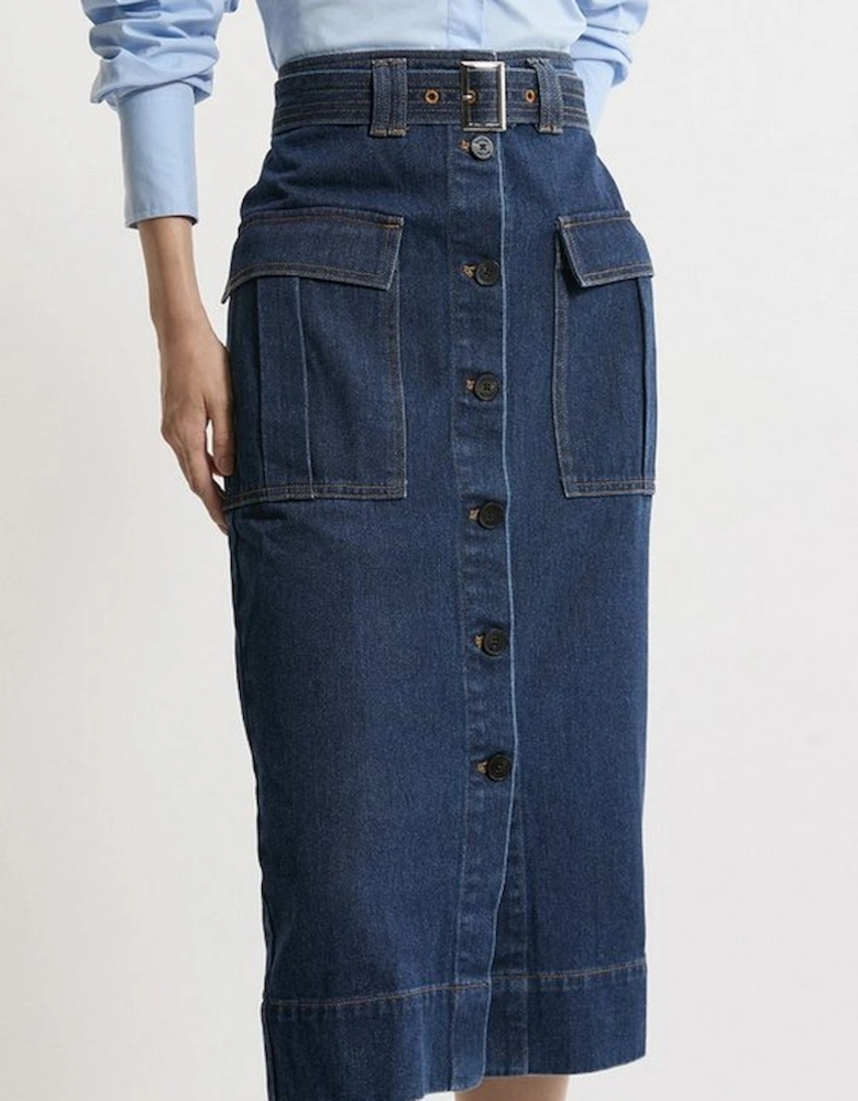 Denim Cargo Pocket Belted Midi Skirt