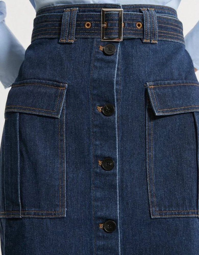 Denim Cargo Pocket Belted Midi Skirt
