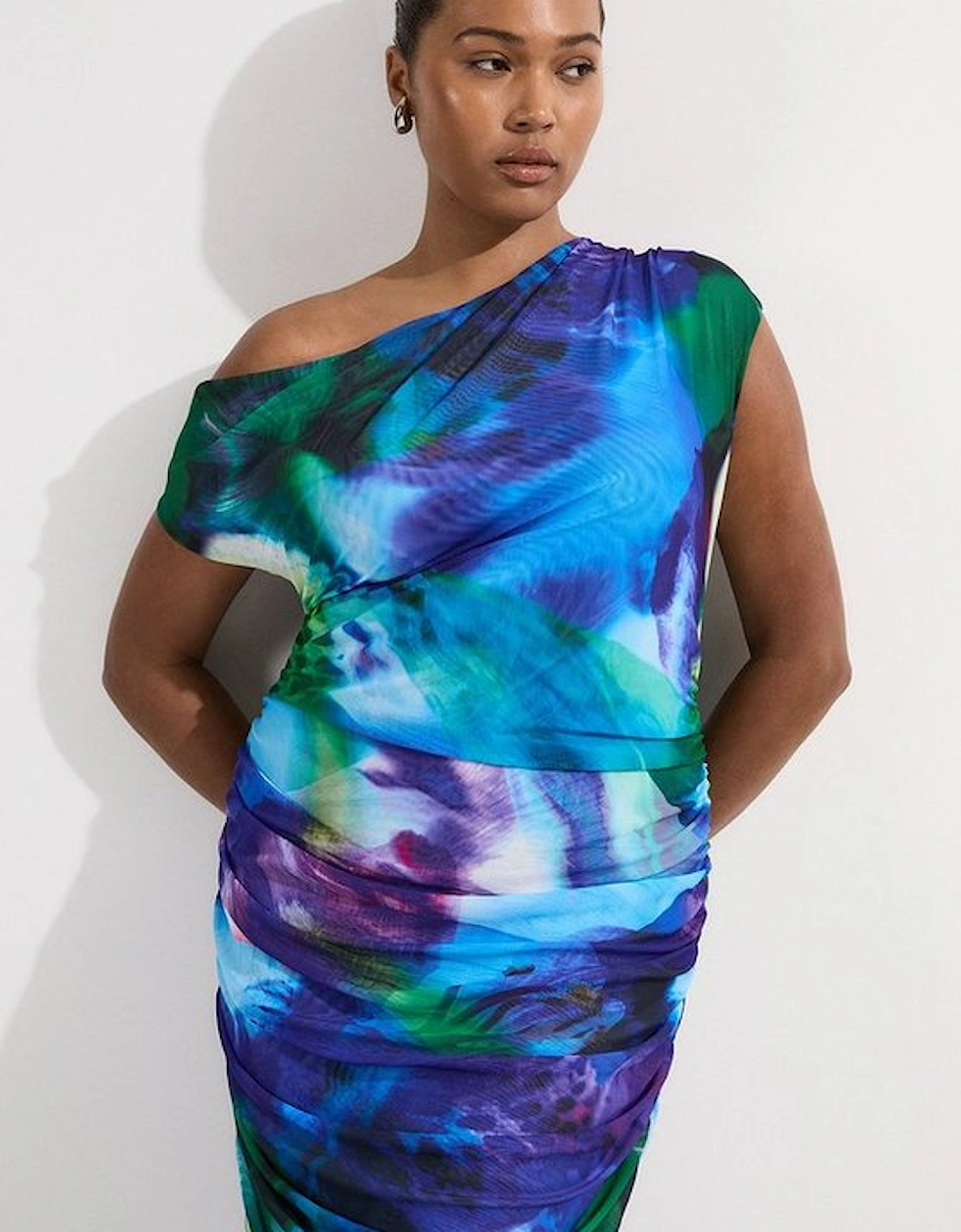 Plus Size Printed Mesh Jersey One Shoulder Midi Dress