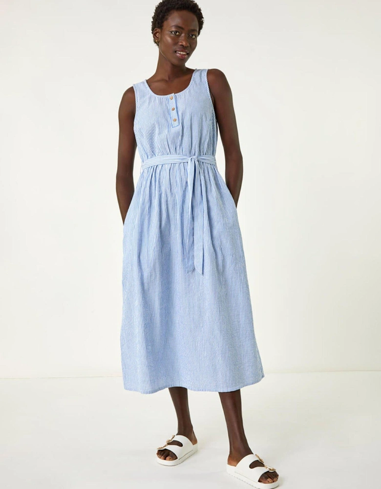 Pinstripe Belted Midi Dress - Blue