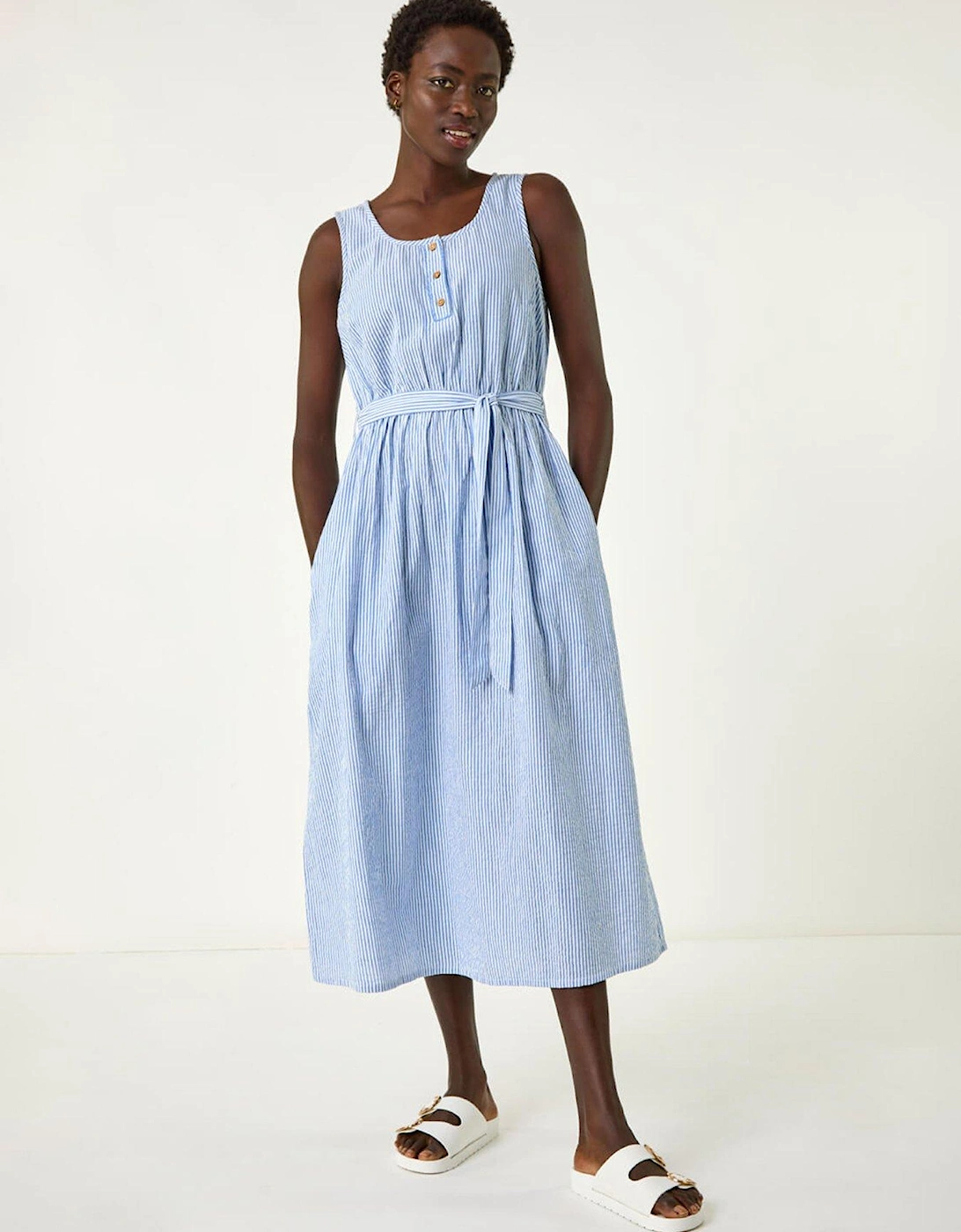 Pinstripe Belted Midi Dress - Blue, 2 of 1