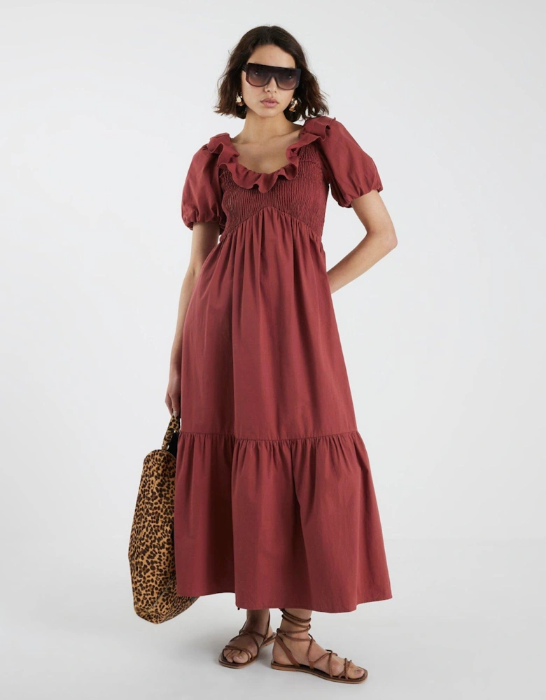 V Neck Frill Midi Dress - Red
