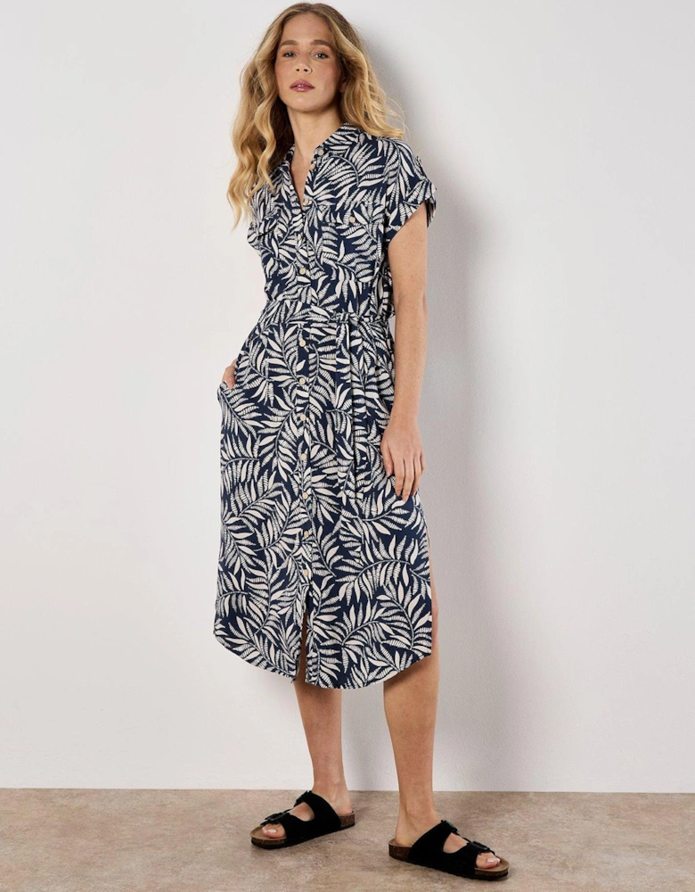 Flowing Leaves Belted Shirt Dress
