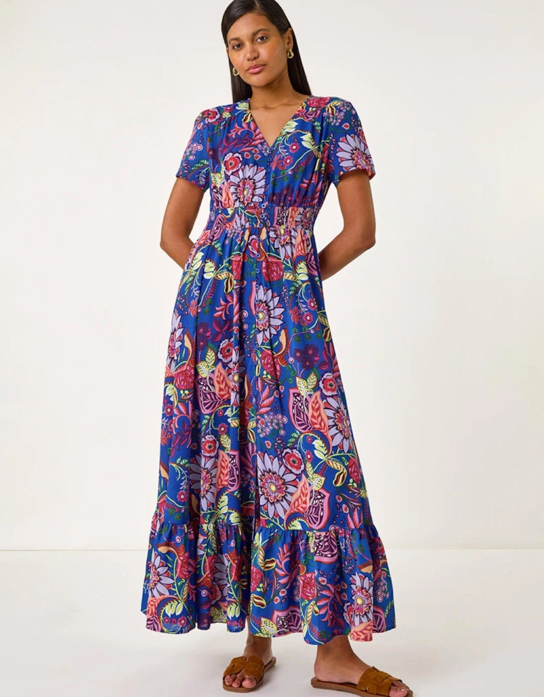Rose Print Button Detail Maxi Dress - Blue