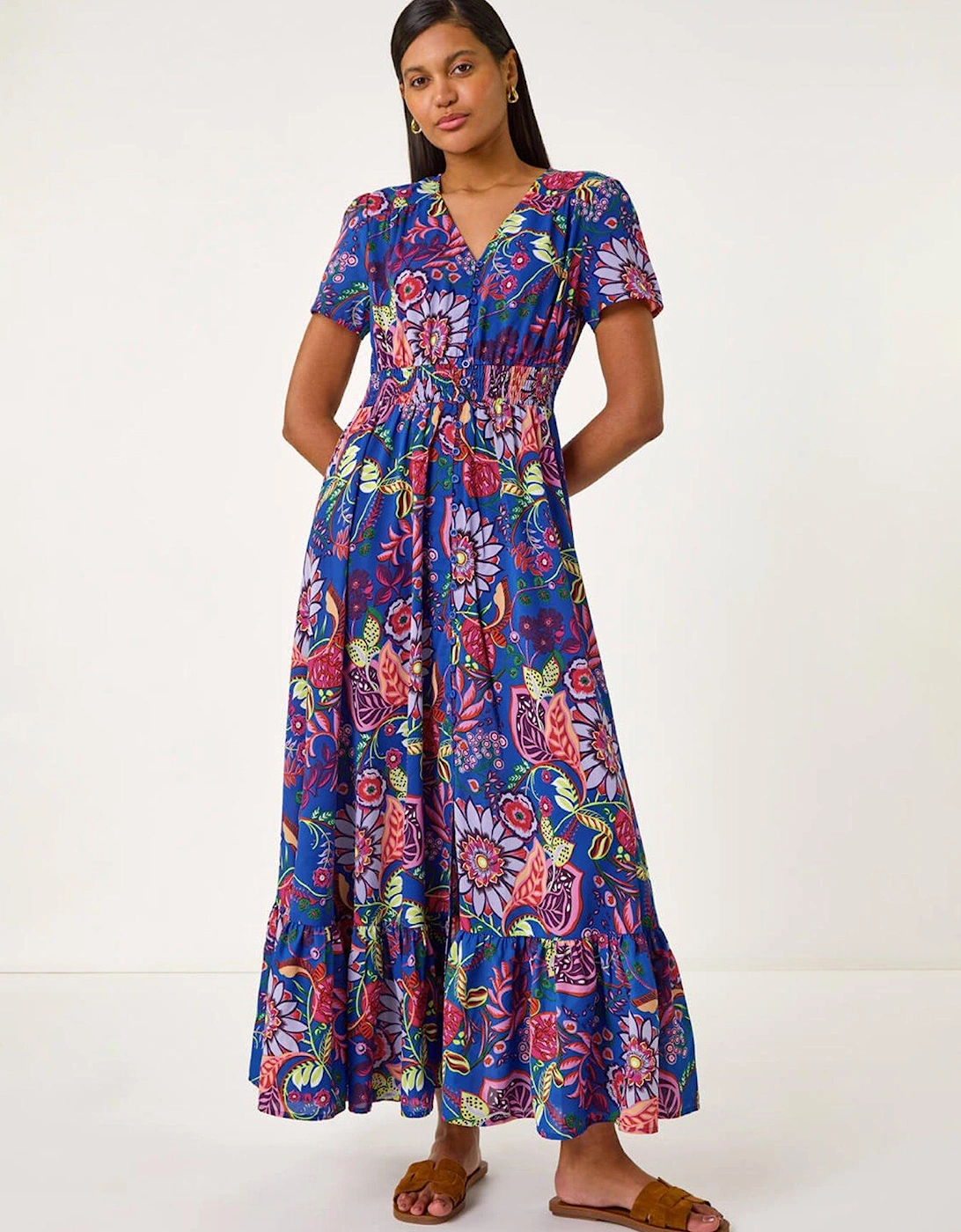 Rose Print Button Detail Maxi Dress - Blue, 2 of 1