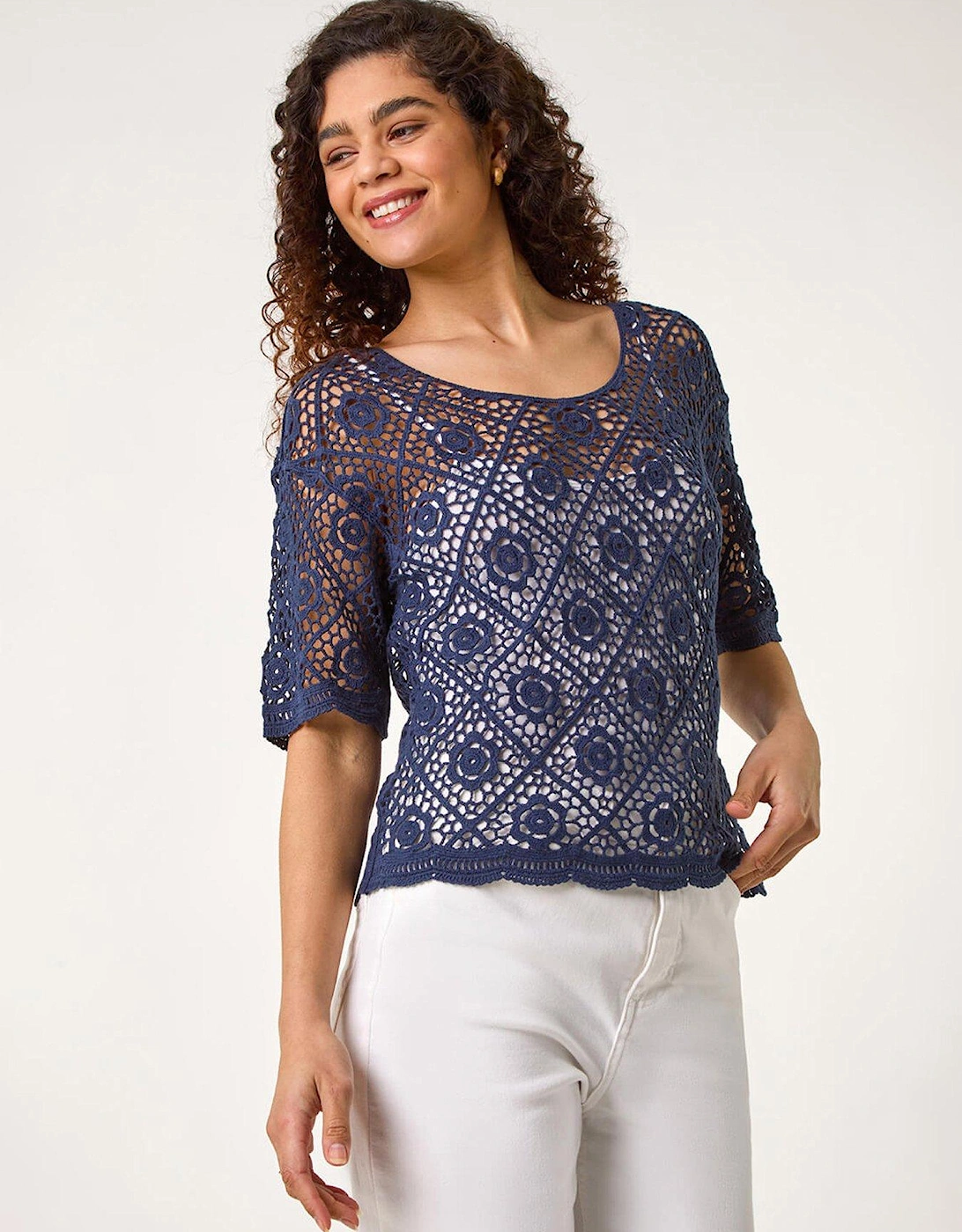 Cotton Crochet T-shirt - Navy, 2 of 1