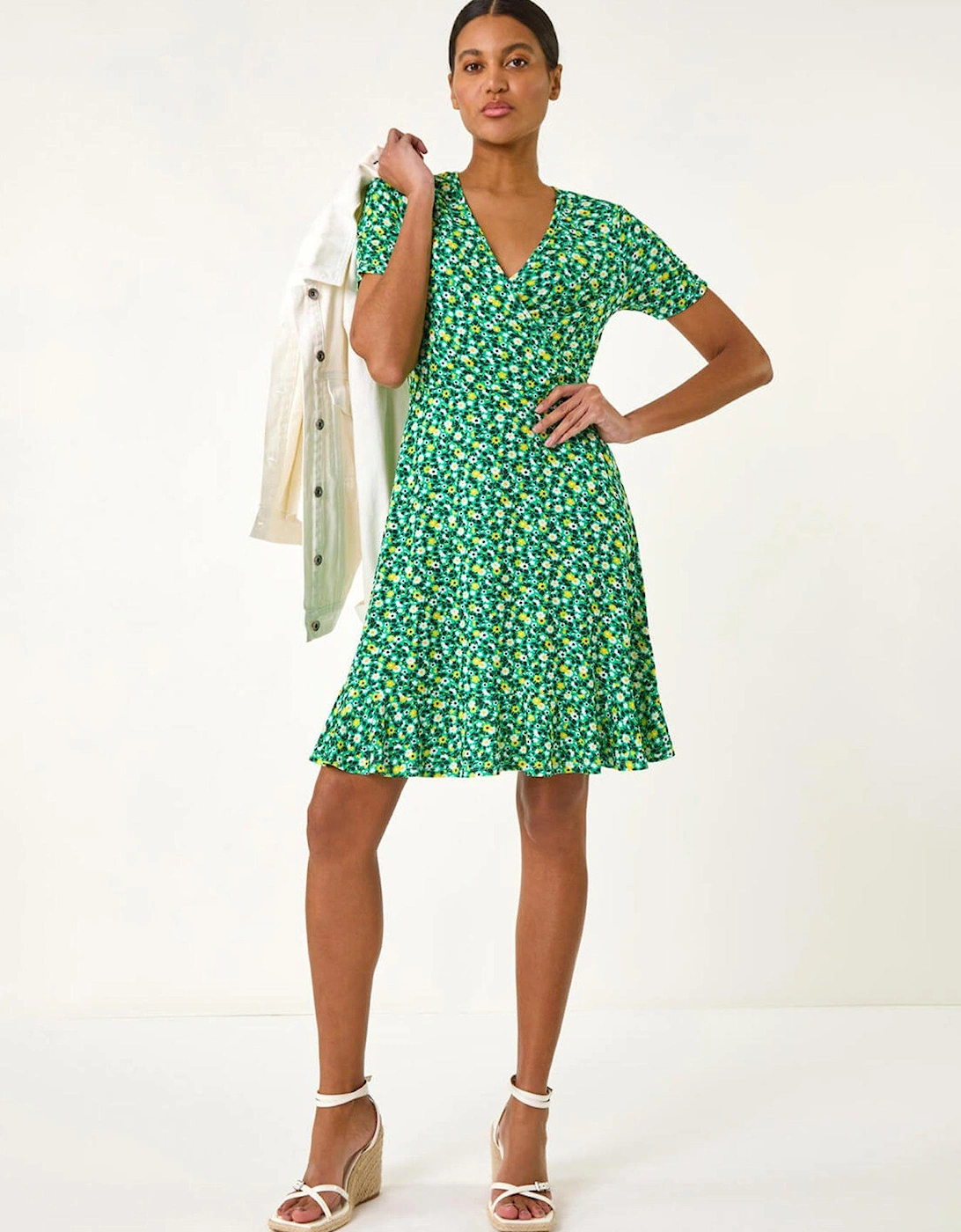 Ditsy Floral Wrap Frill Dress - Green, 2 of 1