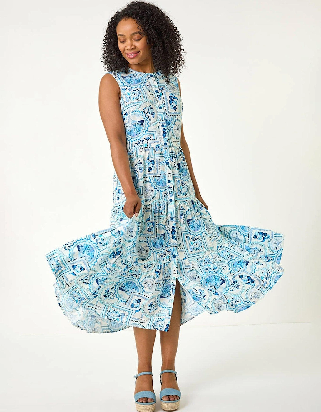 Petite Postcard Print Midi Dress - Blue, 2 of 1