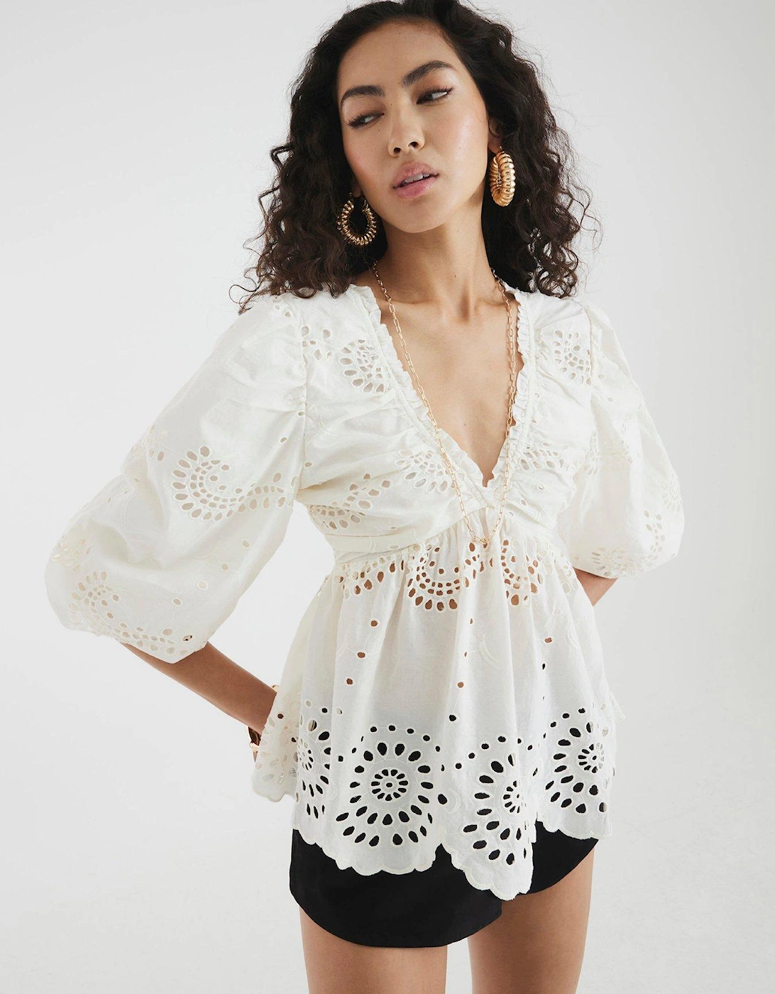 Mid Sleeve Broderie Blouse - Cream, 2 of 1