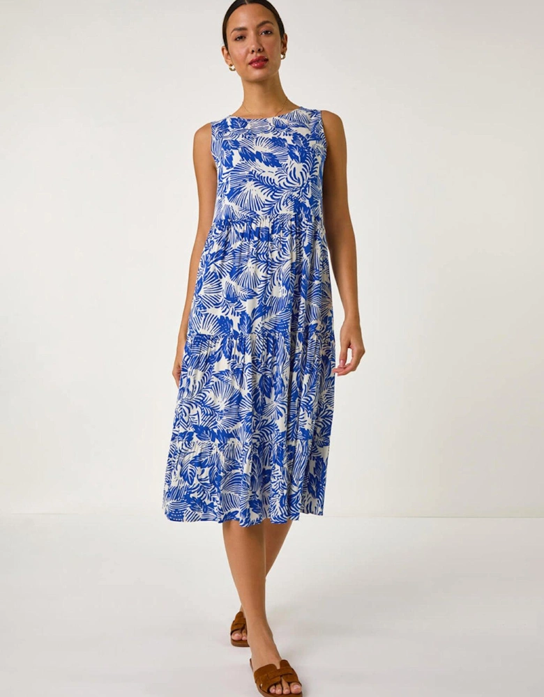 Leaf Print Tiered Smock Midi Dress
