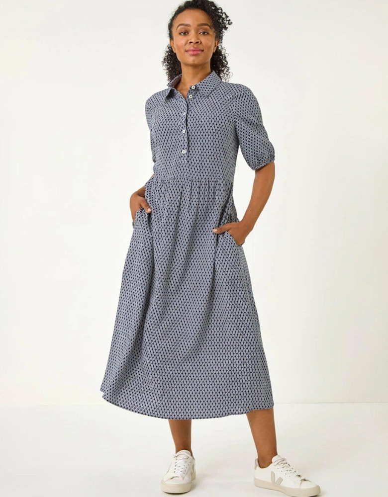 Petite Geo Print Button Midi Dress