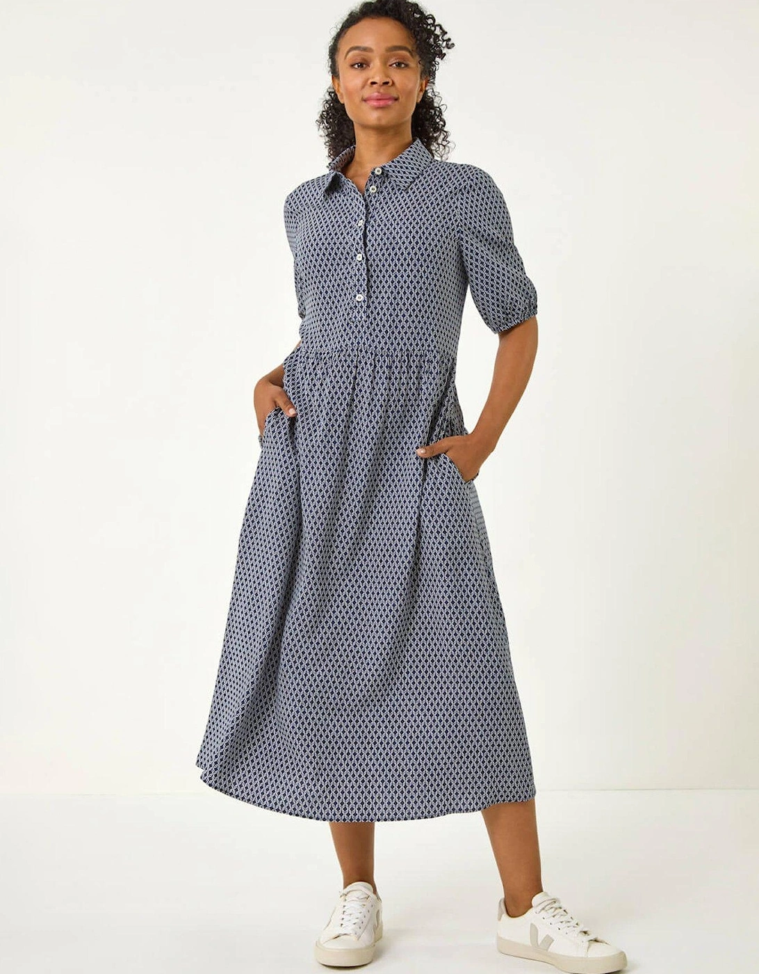 Petite Geo Print Button Midi Dress, 2 of 1