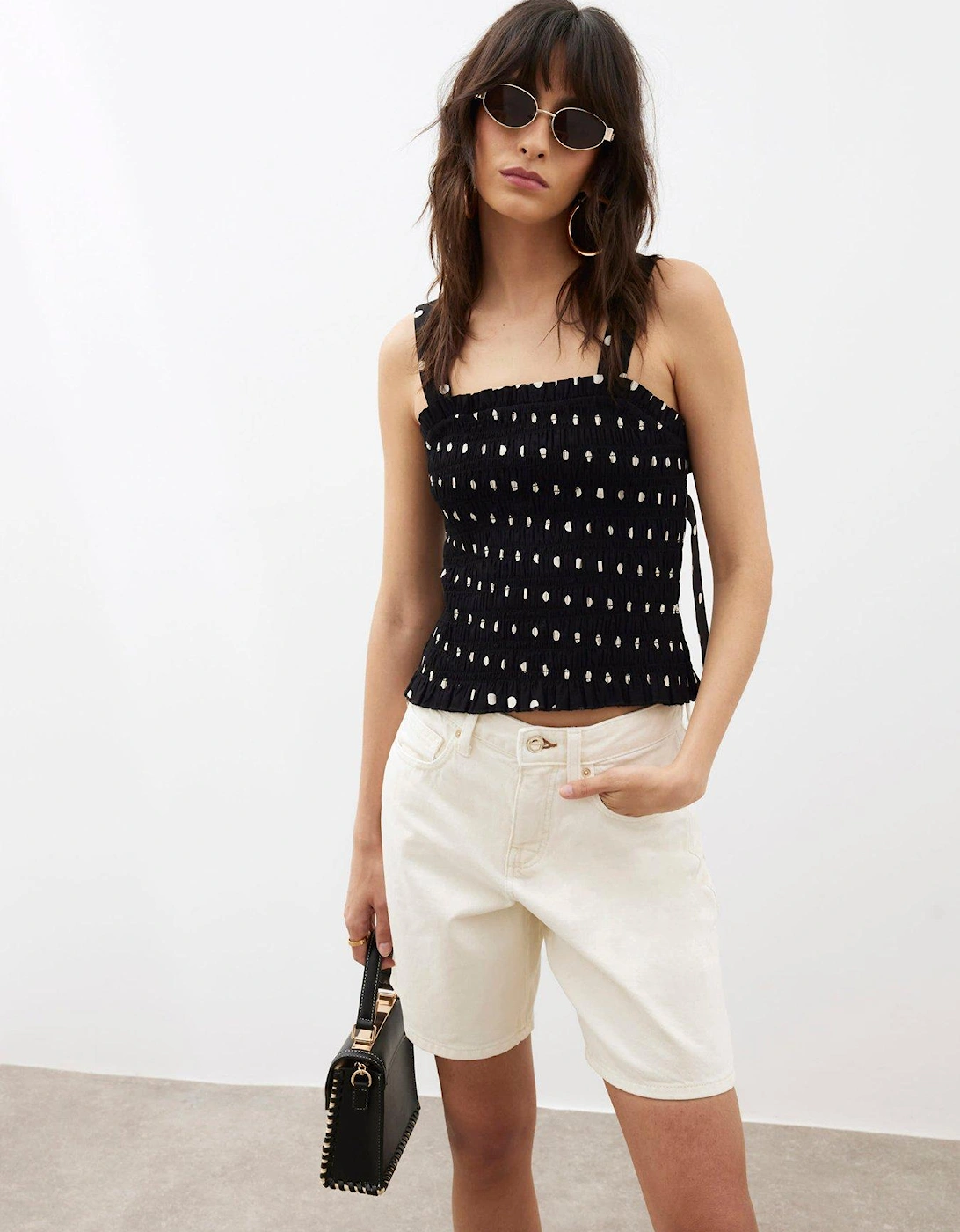Black Polka Dot Sleeveless Shirred Top - Black, 2 of 1