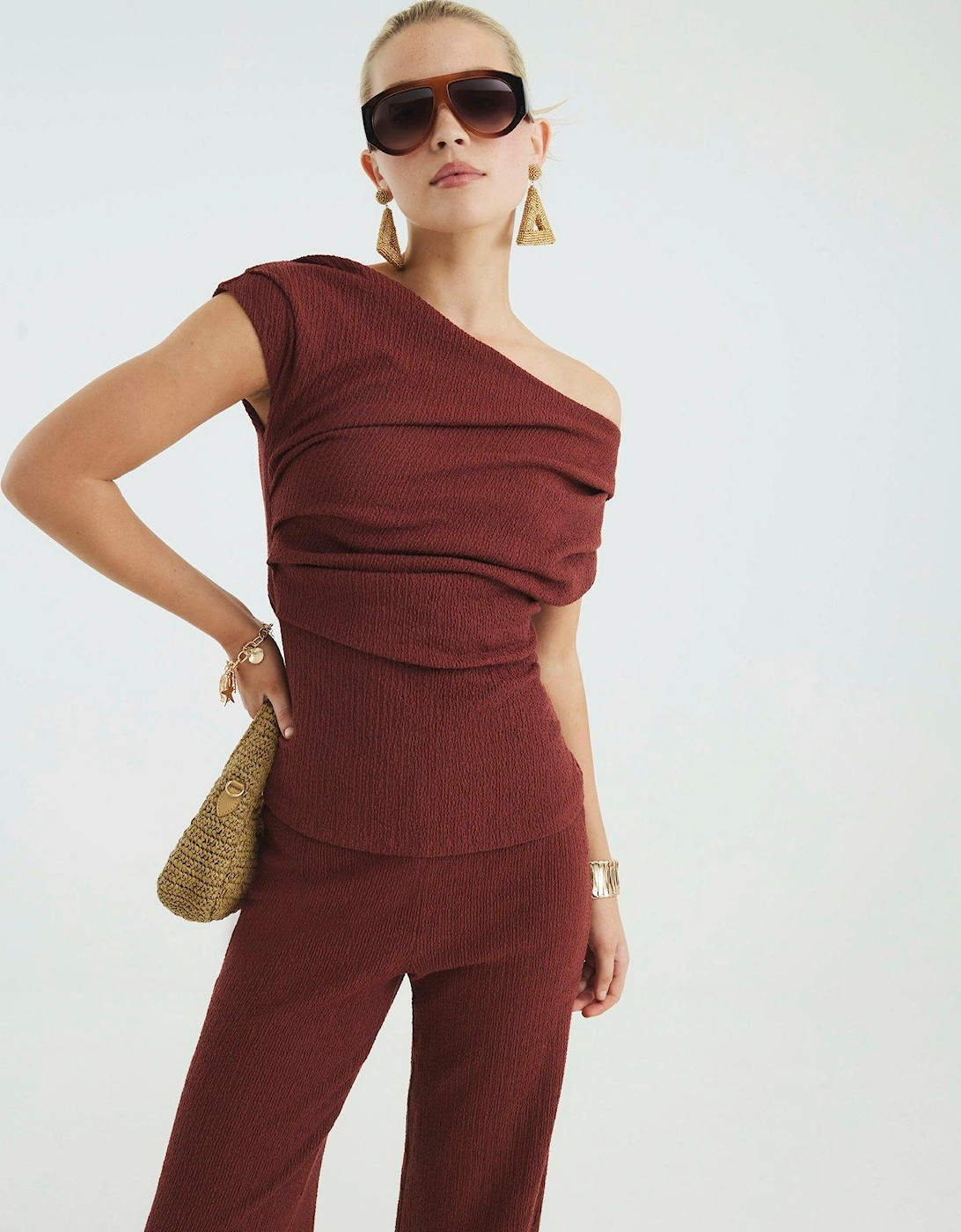 Short Sleeve Drape Textured Top - Brown, 2 of 1