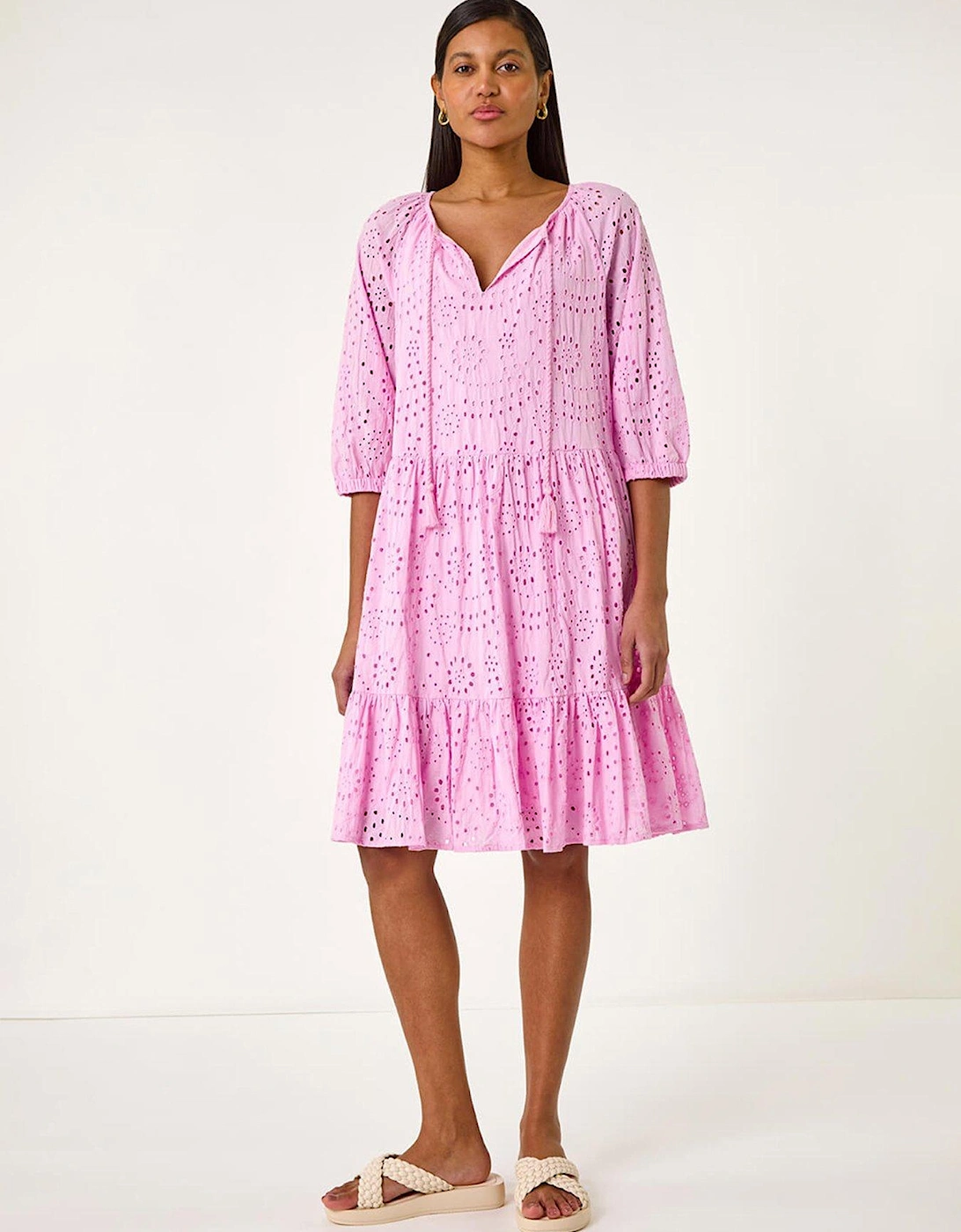 Cotton Broderie Tiered Smock Dress - Pink, 2 of 1