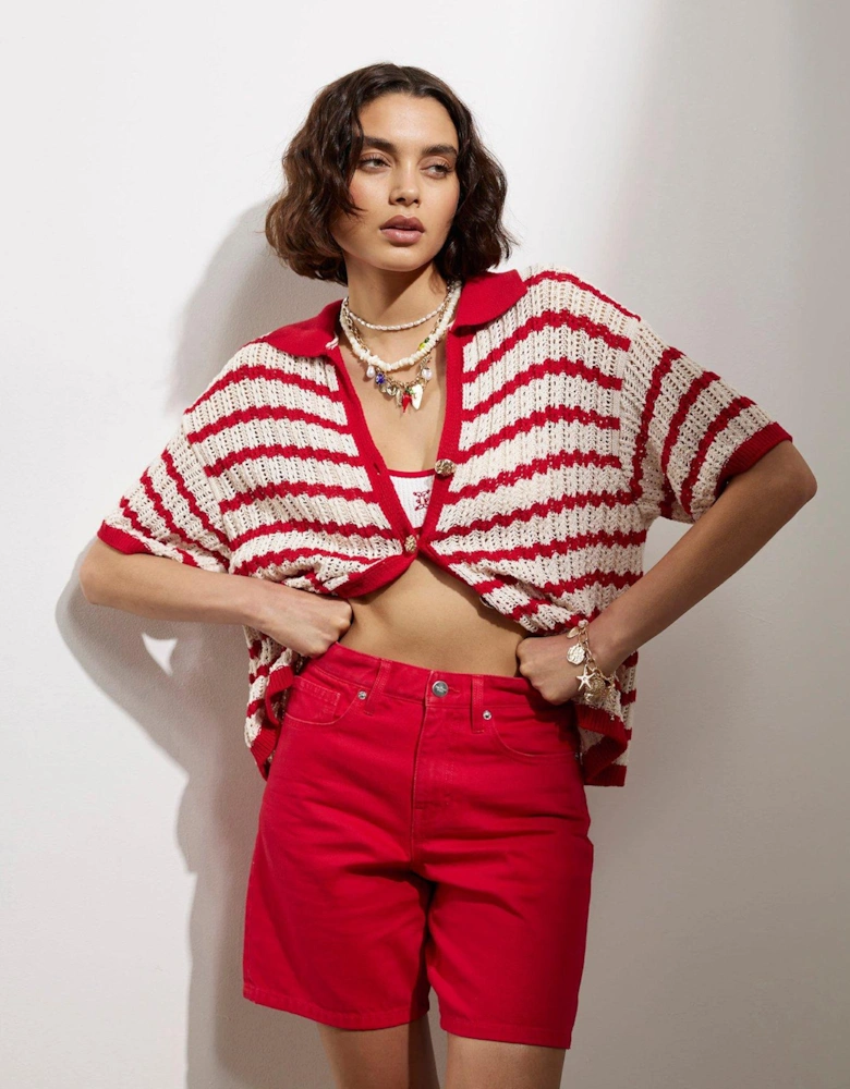 Stripe Crochet Polo Top - Red