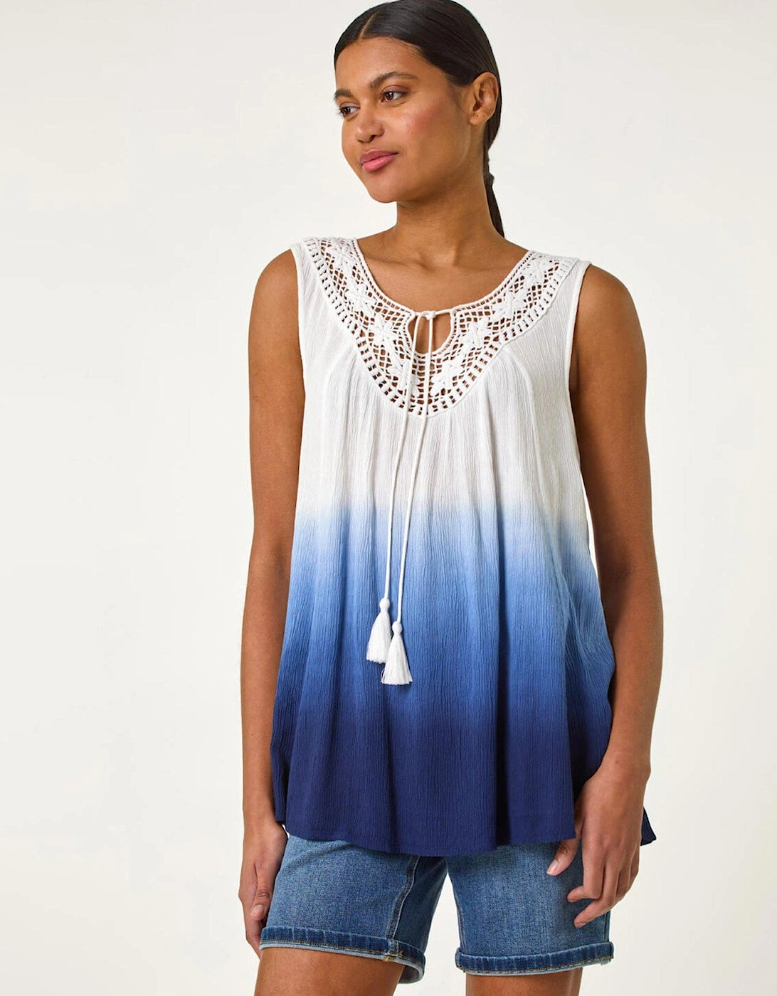 Cotton Lace Detail Ombre Vest Top - Navy, 2 of 1
