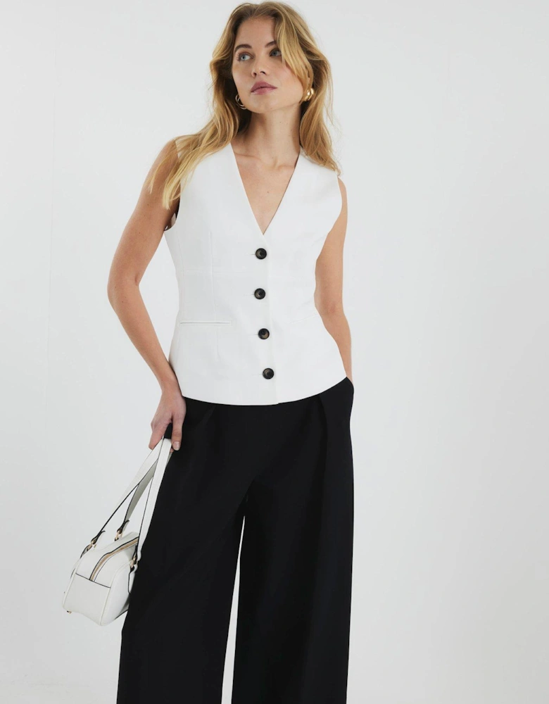V Neck Button Front Waistcoat - White