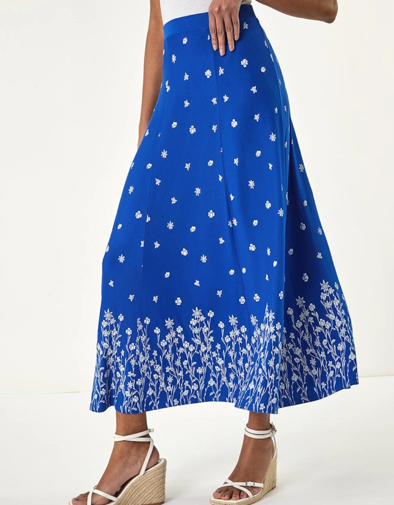 Floral Border Print Stretch Skirt - Royal Blue