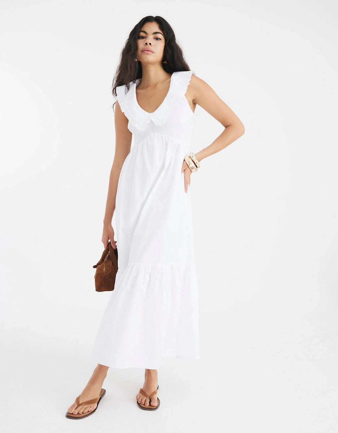 Short Sleeve Collar Ruffle Shirred Dress - White, 2 of 1