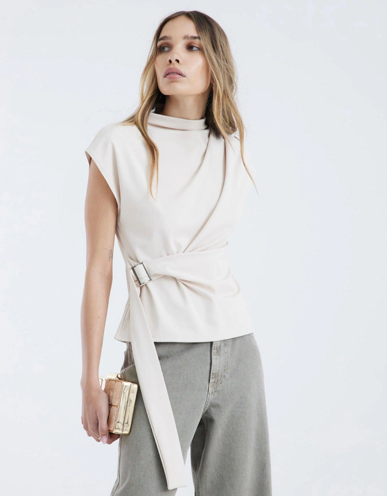 Belted Wrap Drape Top - Cream