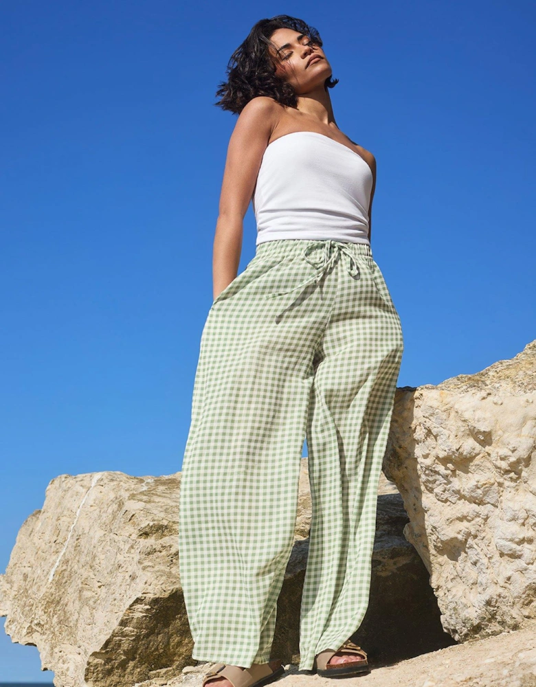Petite Gingham Pull On Wide Leg Trouser - Green