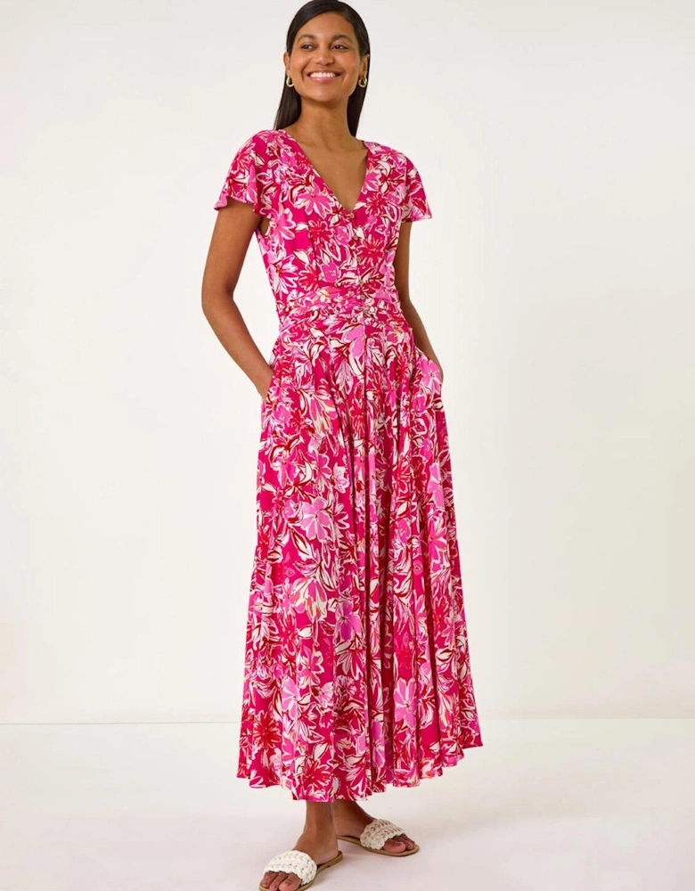 Floral Ruched Waist Maxi Dress - Pink