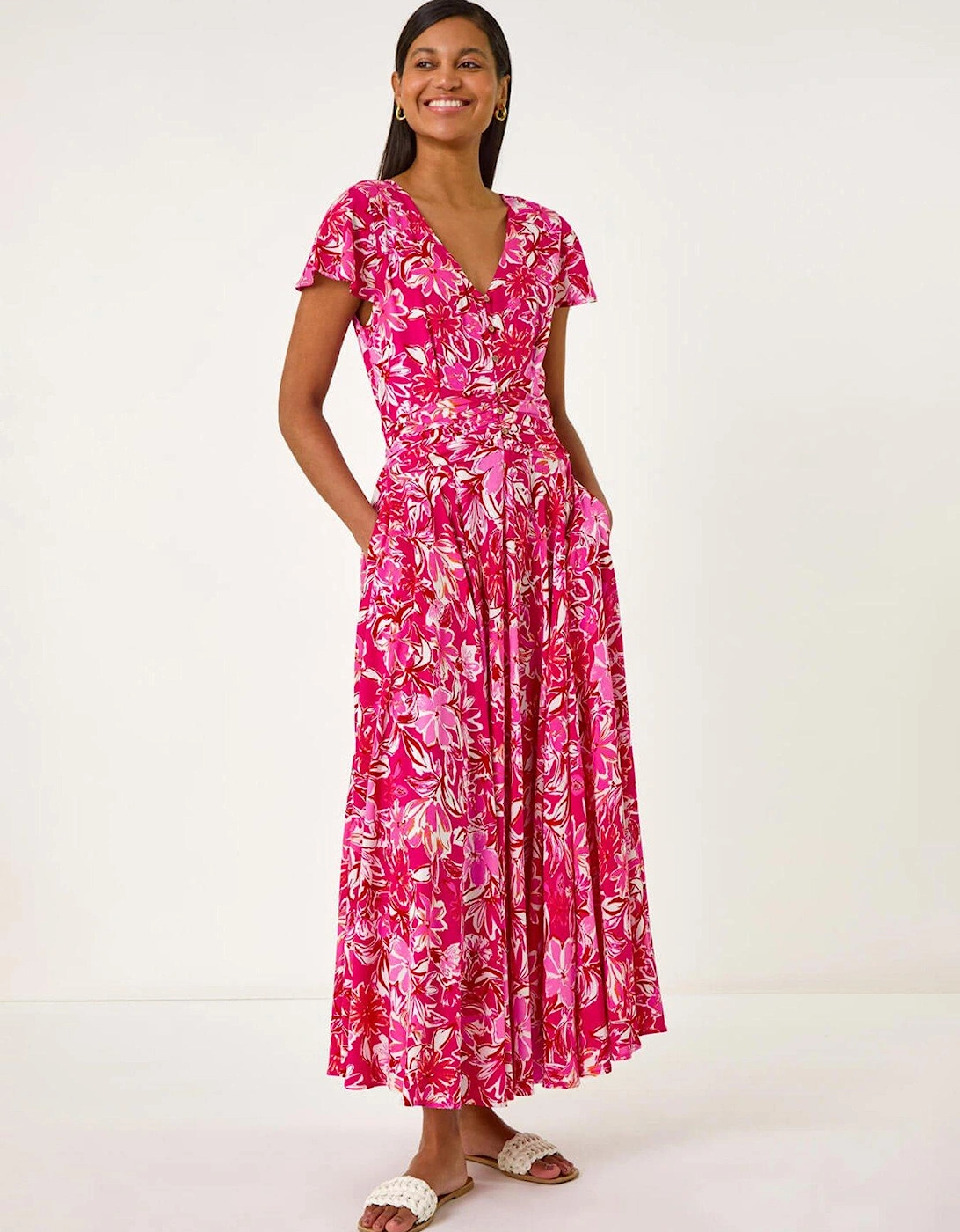 Floral Ruched Waist Maxi Dress - Pink, 2 of 1