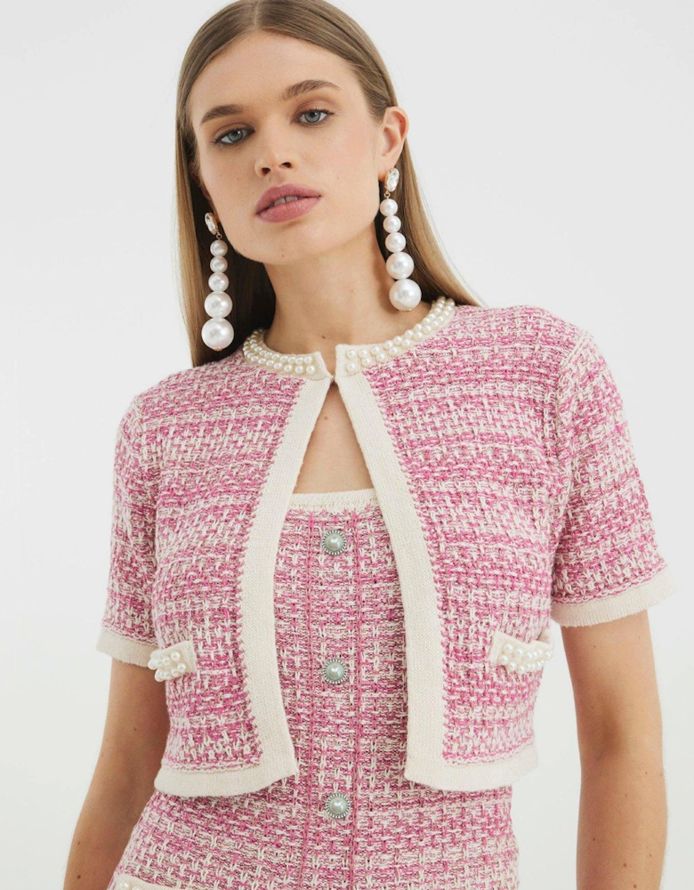 Short Sleeve Boucle Cardigan - Light Pink