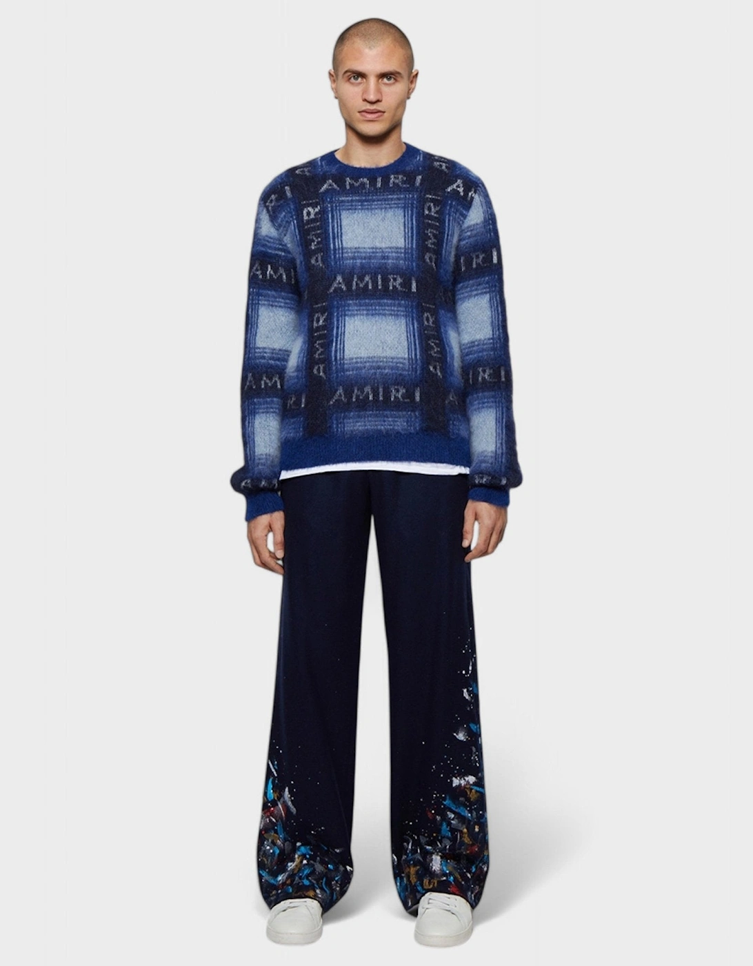Brushed Mohair Plaid Crew Blue Black