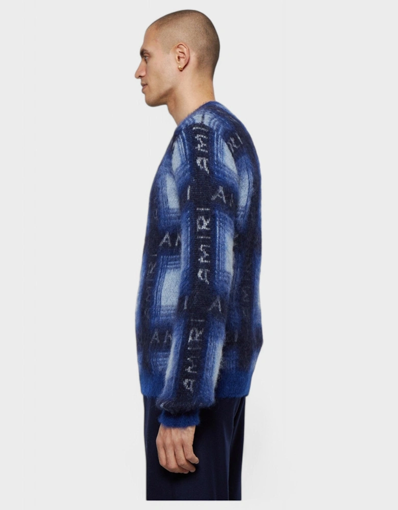 Brushed Mohair Plaid Crew Blue Black