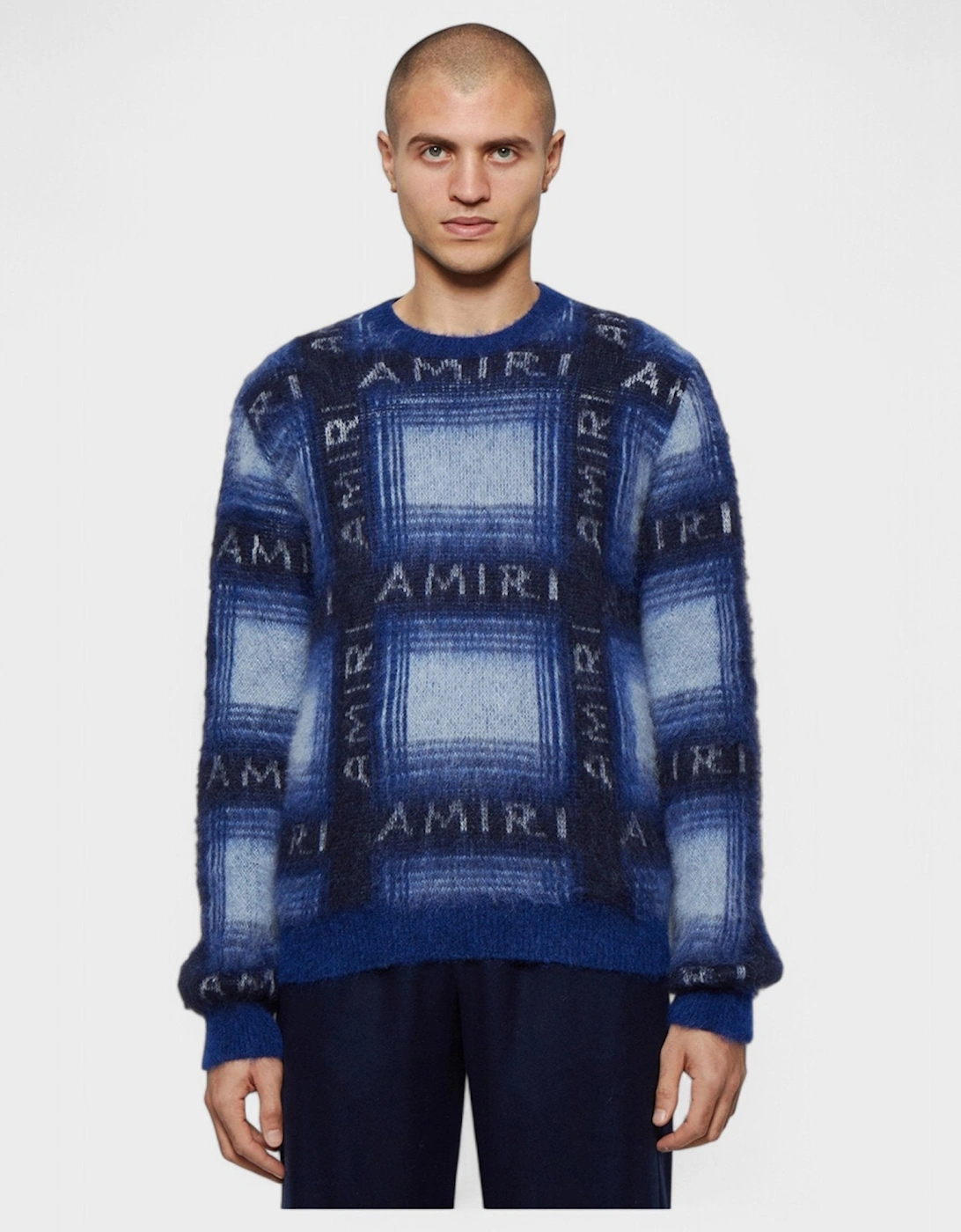 Brushed Mohair Plaid Crew Blue Black