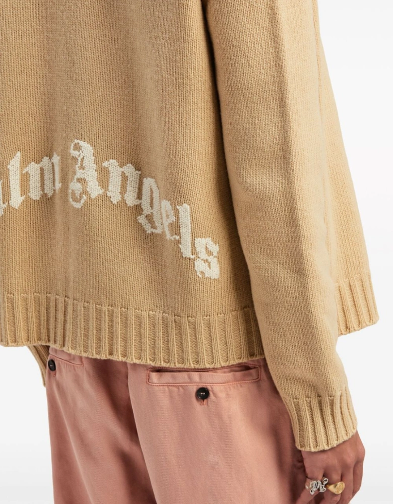 Curved Logo Cardigan Beige