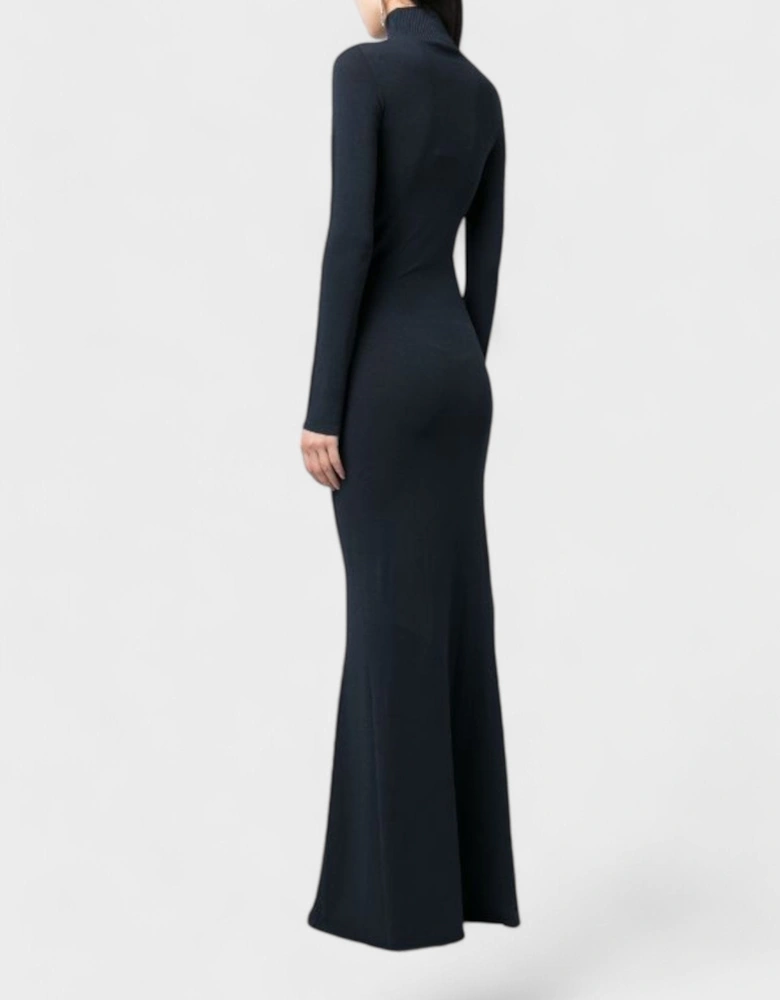 Slick Long Dress Funnel Neck Dress Dark Blue