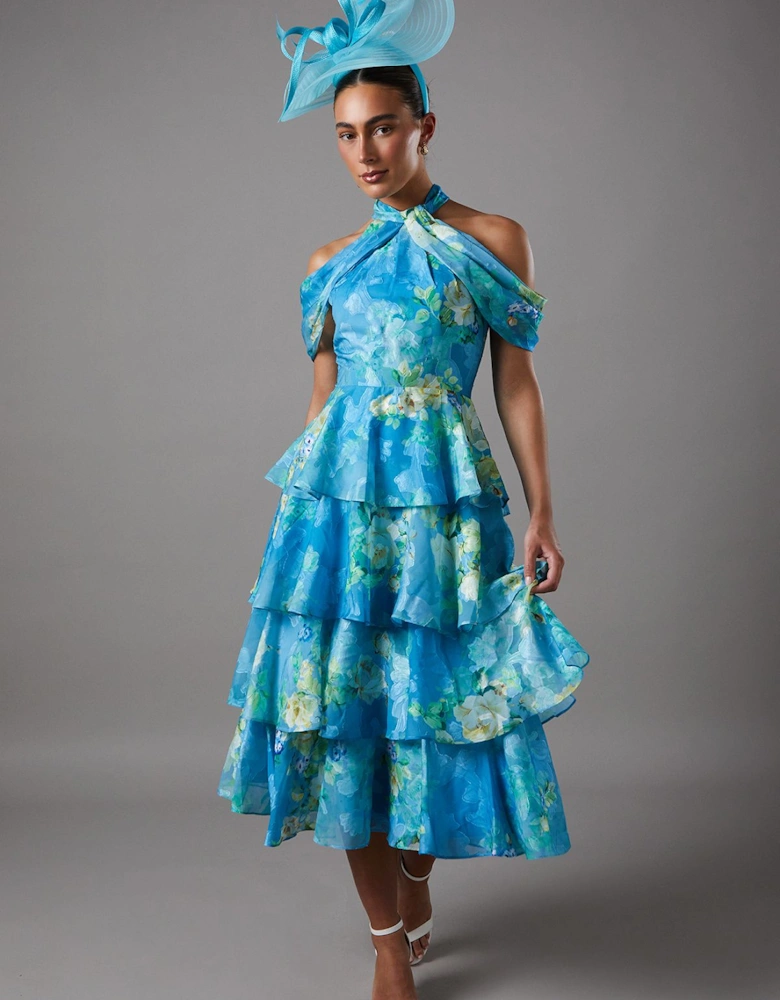 Cold Shoulder Printed Chiffon Midaxi Halter Dress